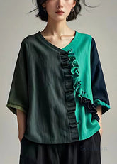 Elegante dunkelgraue Rüschen Patchwork Baumwolle Tops Armband Ärmel
